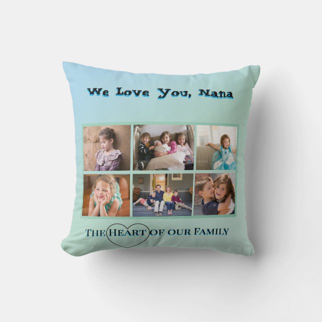 Aqua Heart Nana 6-Photo Tribute Throw Pillow (Front)
