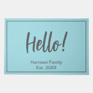 Aqua Hello Doormat Custom Family Name Established