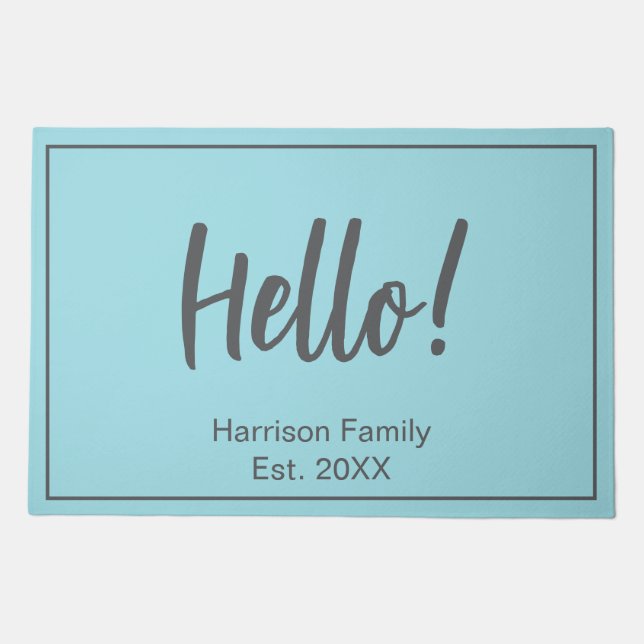 Aqua Hello Doormat Custom Family Name Established (Front)