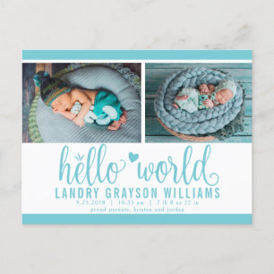 Aqua Hello World Photo Birth Stat Announcement Postcard