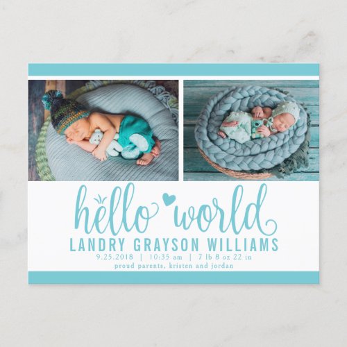 Aqua Hello World Photo Birth Stat Announcement Postcard