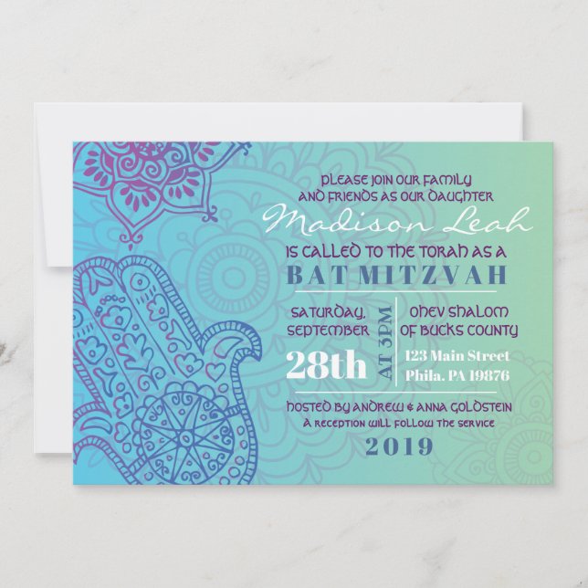 Aqua HEMSA HAND of GOD Bat Mitzvah Invitation (Front)