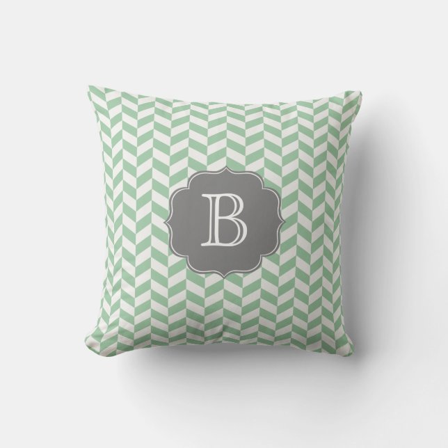 Aqua Herringbone Chevron Pattern with Monogram Throw Pillow (Front)