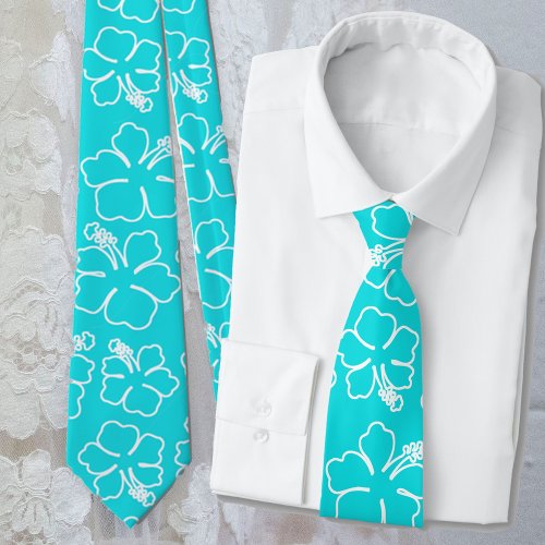 Aqua Hibiscus Outline Pattern Wedding Tie