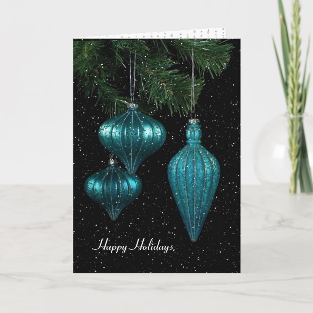 aqua holiday Christmas ornaments in snowflakes Card (Front)