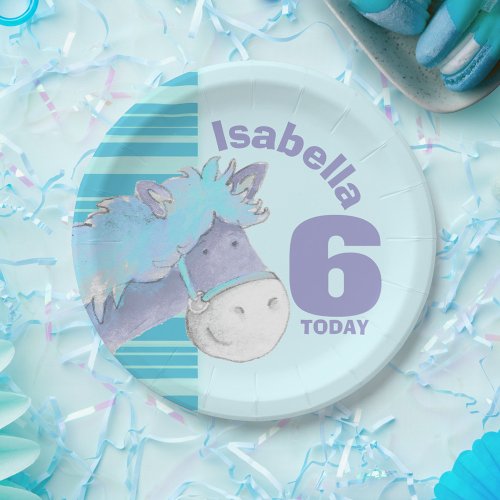 Aqua horse watercolor birthday party custom plate