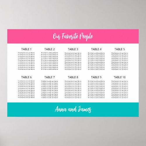 Aqua Hot Pink 10 Table Seating Chart Poster