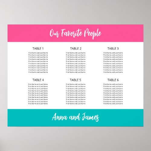 Aqua Hot Pink 6 Table Seating Chart Poster