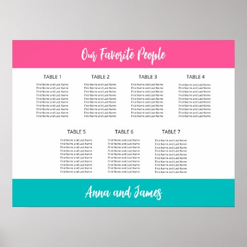 Aqua Hot Pink 7 Table Seating Chart Poster