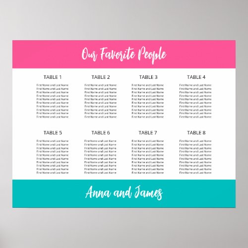 Aqua Hot Pink 8 Table Seating Chart Poster