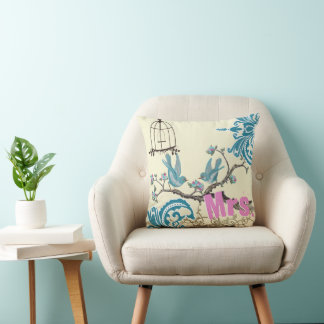 Aqua Hot Pink Birds Mrs. Brides Pillow