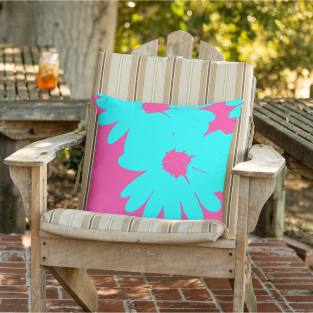 Aqua Hot Pink Daisies Outdoor Pillow (Chair)