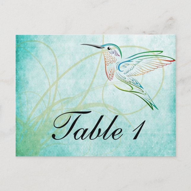 Aqua Hummingbird Watercolor Table Number (Front)