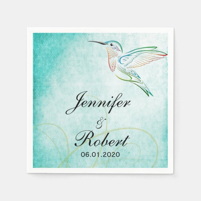 Aqua Hummingbird Watercolor Wedding Napkin (Front)