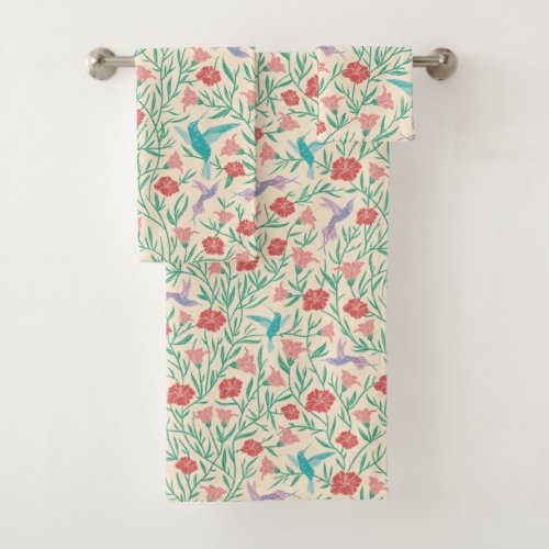 Aqua Hummingbirds Pink Tropical Print Bath Towels