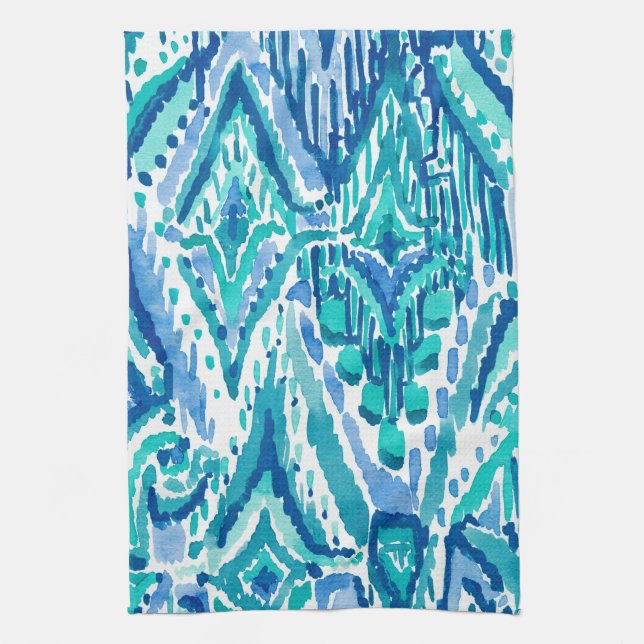 Aqua Ikat Fringe Tribal Watercolor Towel (Vertical)