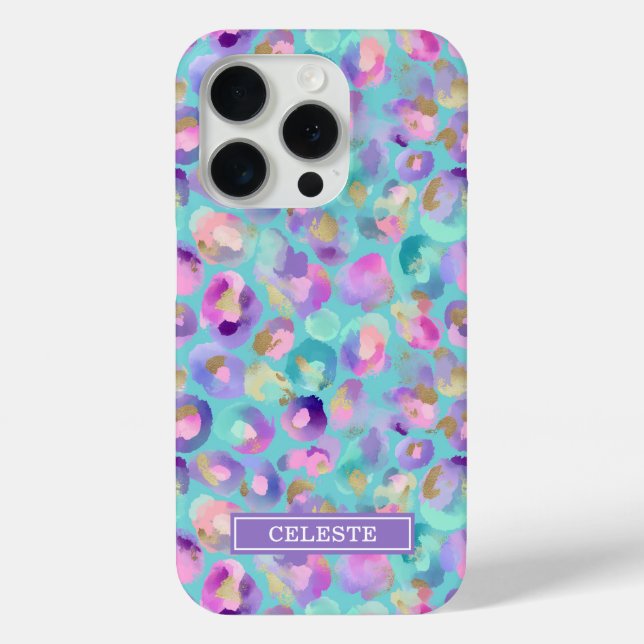 Aqua Iridescent Leopard Print Monogrammed Case-Mate iPhone Case (Back)