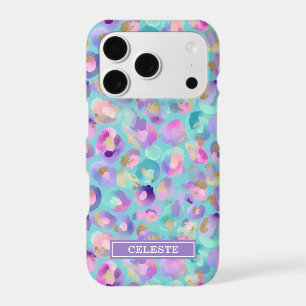 Aqua Iridescent Leopard Print Monogrammed iPhone 17 Pro Case