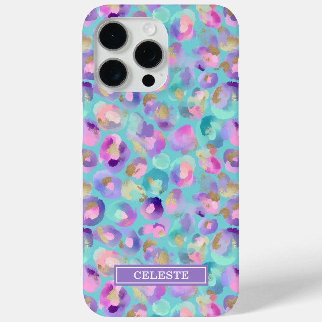 Aqua Iridescent Leopard Print Monogrammed Case-Mate iPhone Case (Back)