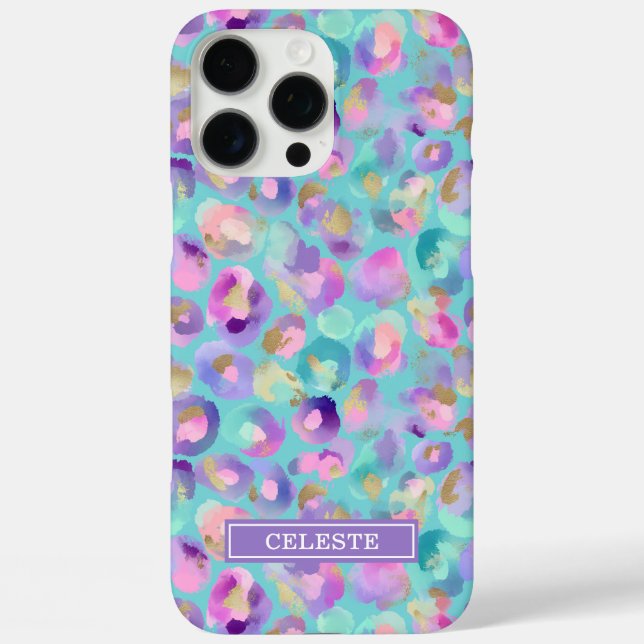 Aqua Iridescent Leopard Print Monogrammed Case-Mate iPhone Case (Back)