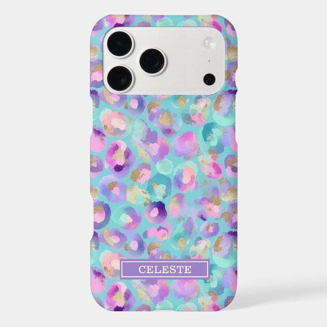 Aqua Iridescent Leopard Print Monogrammed Case-Mate iPhone Case (Back)