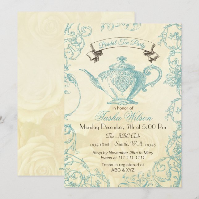 Aqua Ivory Roses vintage Bridal Tea Invitation (Front/Back)
