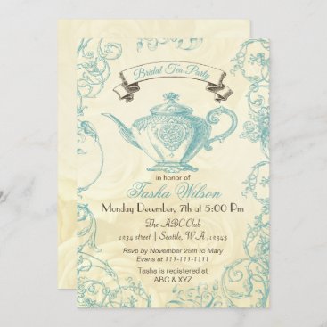 Aqua Ivory Roses vintage Bridal Tea Invitation