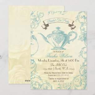 Aqua Ivory Roses vintage Bridal Tea Invites