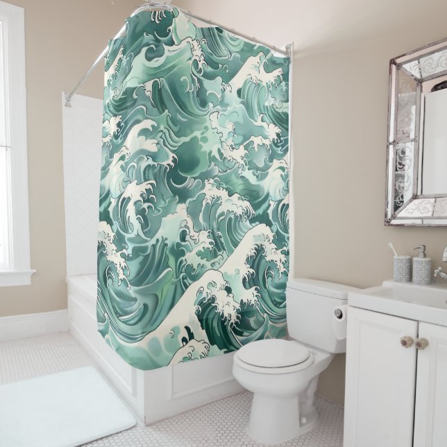 Aqua Japanese Ocean Waves Sea Pattern Shower Curtain (In Situ)
