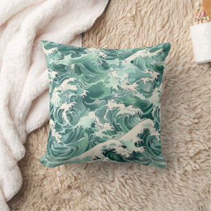 Aqua Japanese Ocean Waves Sea Pattern Throw Pillow