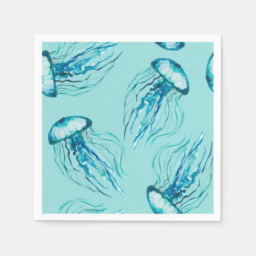 Aqua Jellyfish Watercolor Pattern Napkins