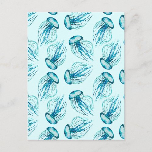 Aqua Jellyfish Watercolor Pattern Postcard