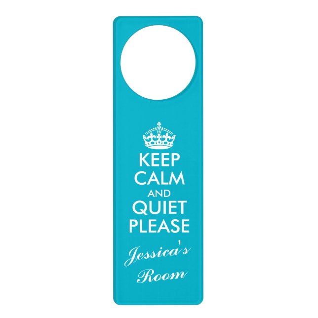 Aqua Keep Calm and quiet please sign door hanger (Front)