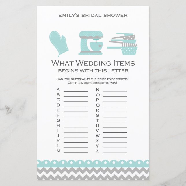 Aqua Kitchen Bridal Shower Game PRINTED (Front)
