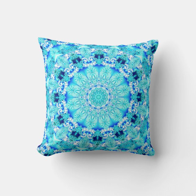 Aqua Lace, Delicate, Abstract Mandala Throw Pillow (Front)
