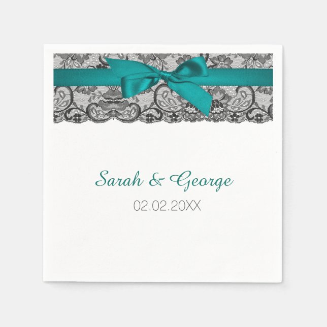 Aqua lace personalized wedding napkins (Front)