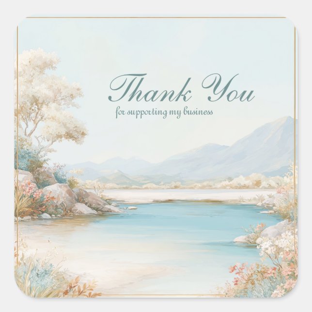 Aqua Lake Pastel Landscape Wildflower Gold Frame Square Sticker (Front)