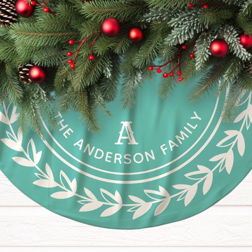 Aqua Laurel Wreath Family Initial Christmas Brushed Polyester Tree Skirt