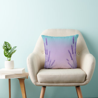 Aqua lavender gradient with Lavender flowers Throw Pillow