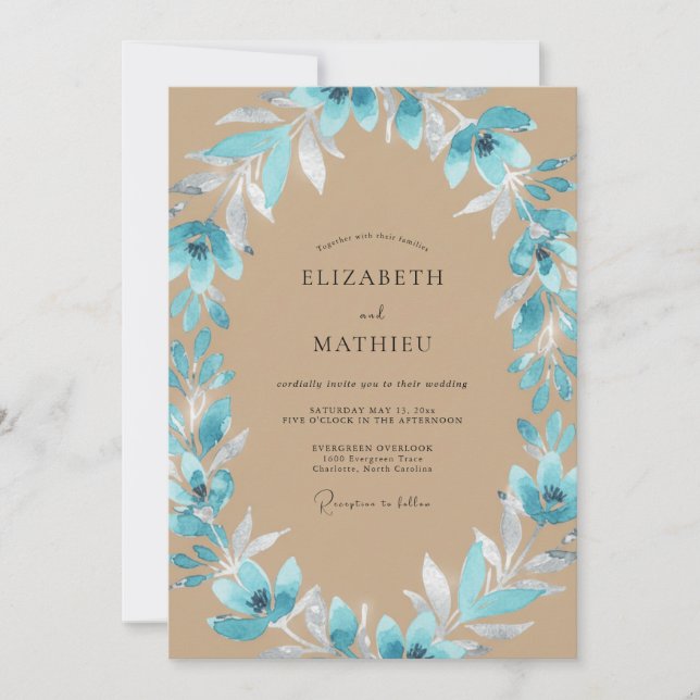 Aqua Leafy Beige Wedding Invitation (Front)