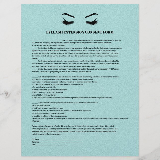 AQUA Leather EYELASH EXTENSION CONSENT FORM Flyer (Front)