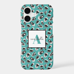 Aqua Leopard Print Personalized Monogram iPhone 17 Case
