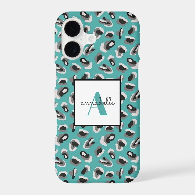 Aqua Leopard Print Personalized Monogram Case-Mate iPhone Case (Back)