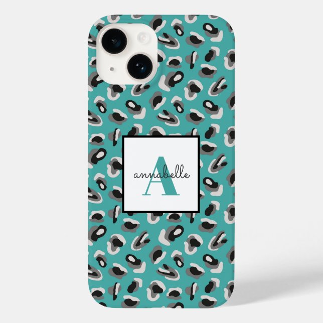 Aqua Leopard Print Personalized Monogram Case-Mate iPhone Case (Back)