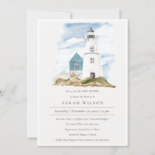 Aqua Lighthouse Mountains Baby Shower Invite