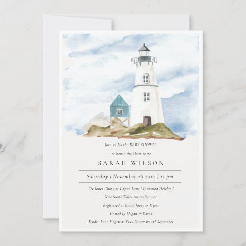 Aqua Lighthouse Mountains Baby Shower Invite