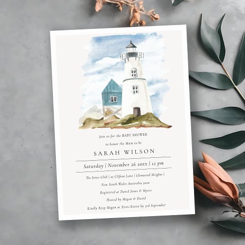 Aqua Lighthouse Mountains Baby Shower Invite