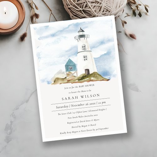 Aqua Lighthouse Mountains Baby Shower Invite