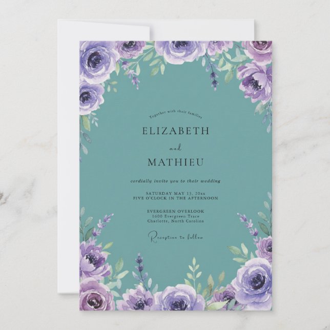 Aqua Lilac Peony Wedding Invitation (Front)