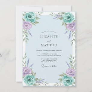 Aqua Lilac Ranunculus Soft Eucalyptus Wedding Invitation